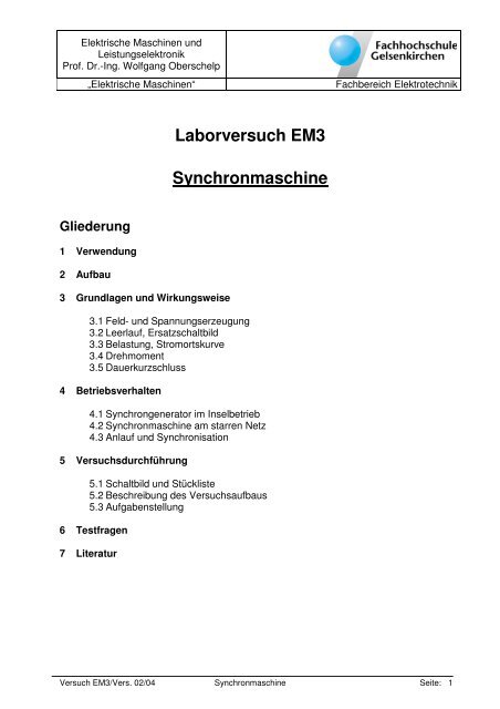 4.2 Synchronmaschine am starren Netz - Elektrotechnik