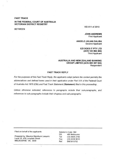 Fast Track Reply Federal Court of Australia