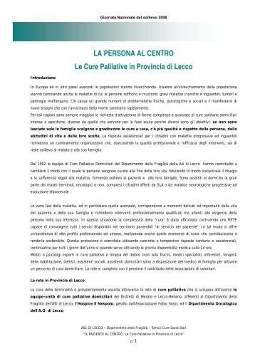 LA PERSONA AL CENTRO Le Cure Palliative in Provincia di Lecco