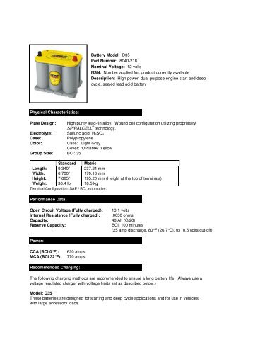 YellowTop Group D35 Spec Sheet - Optima Batteries