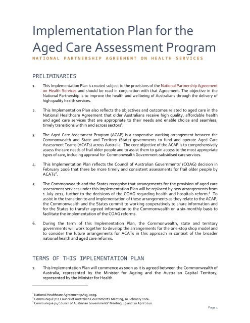 ACT - Implementation Plan for the Aged Care Assessment Program