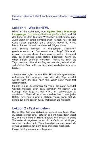 Lektion 1 - Was ist HTML Lektion 2 - Text eingeben - Feierabend