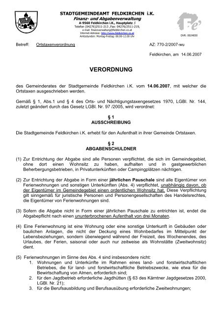 VERORDNUNG - bei der Stadtgemeinde Feldkirchen in Kärnten