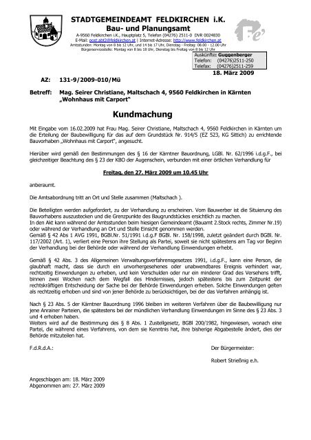 Kundmachung - bei der Stadtgemeinde Feldkirchen in Kärnten