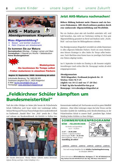 Schöne Ferien! - bei der Stadtgemeinde Feldkirchen in Kärnten