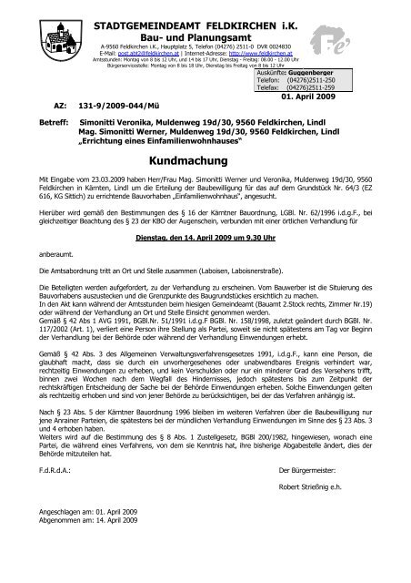 Kundmachung - bei der Stadtgemeinde Feldkirchen in Kärnten