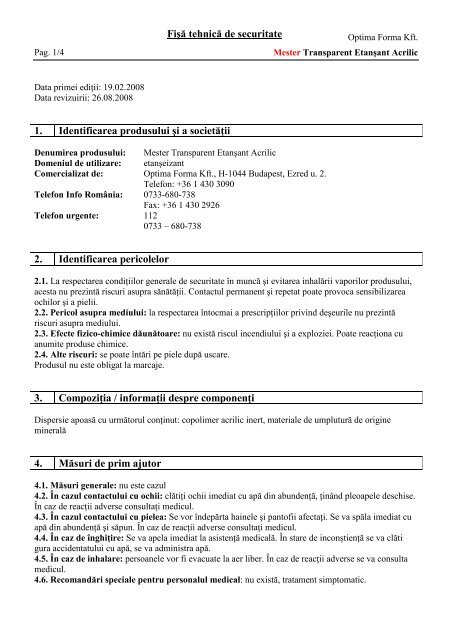 Fişă tehnică de securitate 1. Identificarea produsului şi a ... - Mester.ro
