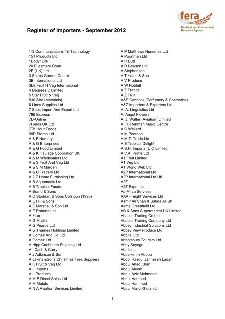 Register of Importers - September 2012 - The Food and ...