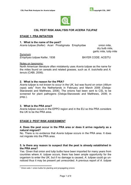 CSL PEST RISK ANALYSIS FOR ACERIA TULIPAE - Defra