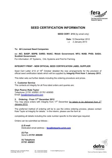 New Official Seed Certification Label Supplier - Defra