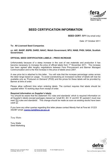 Official Seed Certification Label - Price Increase - Defra