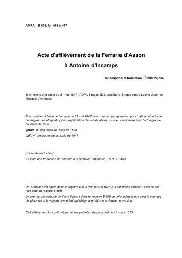 Acte d'affièvement de la ferrarie d'Asson à Antoine d'Incamps (1588)