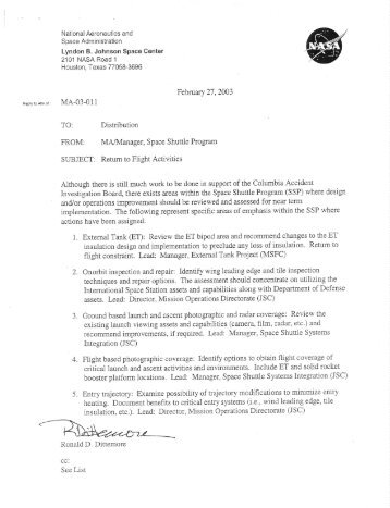 Return to Flight Activities Letter - NASA Human Space Flight