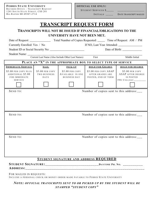 TRANSCRIPT REQUEST FORM - Ferris State University