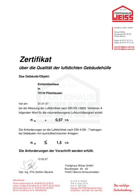 Zertifikat - Fertighaus Weiss GmbH