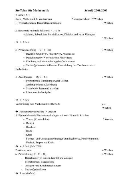 Stoffplan für Mathematik