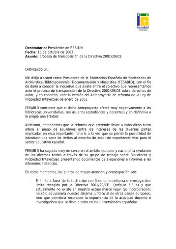 Ley Propiedad Intelectual/Carta al Presidente de REBIUN - Fesabid