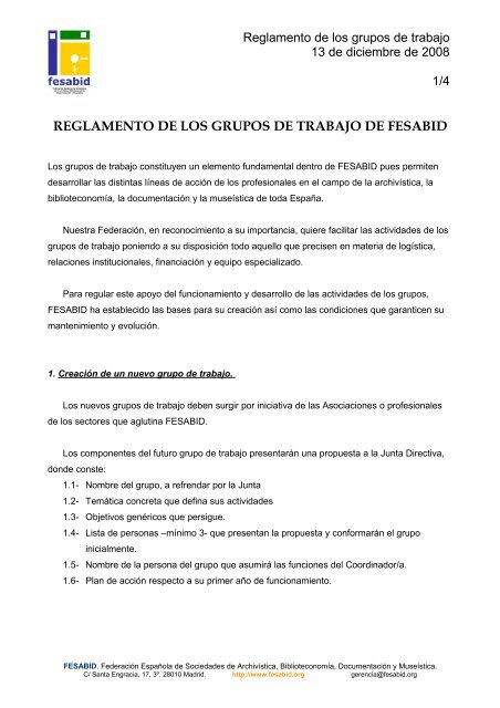 Reglamento de los grupos de trabajo de FESABID