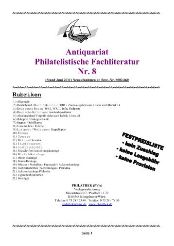 Antiquariat Philatelistische Fachliteratur Nr. 8 -  PHILATHEK