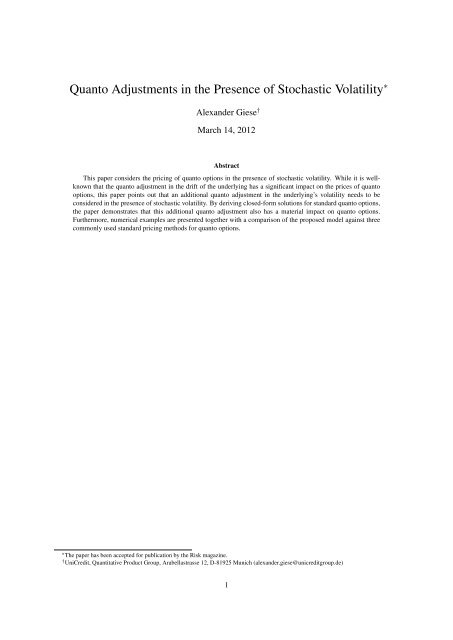 Quanto Adjustments in the Presence of Stochastic Volatility