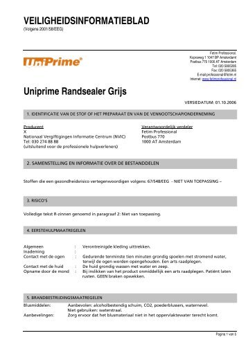 VEILIGHEIDSINFORMATIEBLAD Uniprime Randsealer Grijs - Fetim