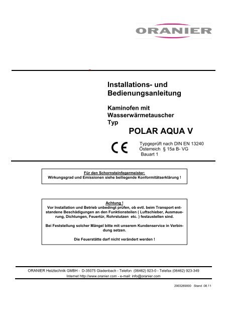 Bedienungsanleitung Oranier Polar Aqua - Feuerdepot.de