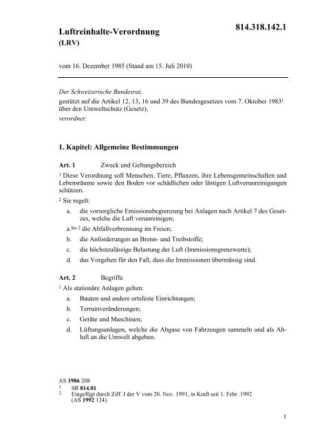 Luftreinhalte-Verordnung 814.318.142.1 - CH