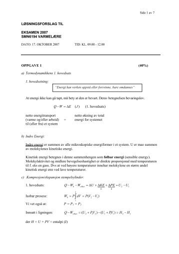 LØSNINGSFORSLAG TIL EKSAMEN 2007 SMN6194 ...