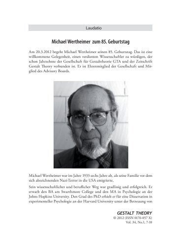 Michael Wertheimer zum 85. Geburtstag - Gestalt Theory - Krammer