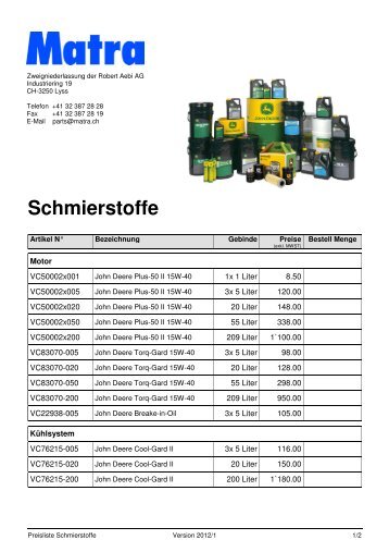 Preisliste Schmierstoffe - Webshop Matra