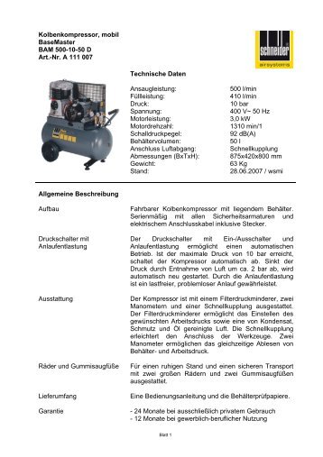 Kolbenkompressor, mobil BaseMaster BAM 500-10-50 D Art.-Nr. A ...