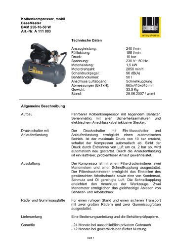 Kolbenkompressor, mobil BaseMaster BAM 250-10-50 W Art.-Nr. A ...