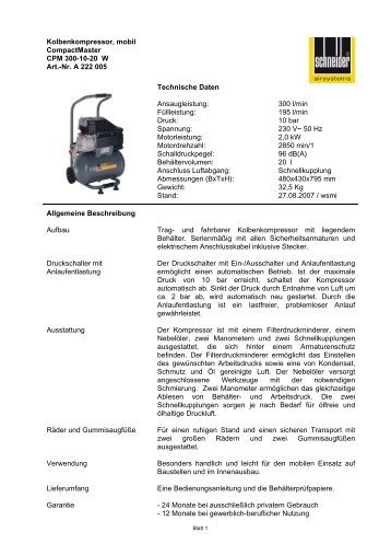Kolbenkompressor, mobil CompactMaster CPM 300-10-20 W Art.-Nr ...