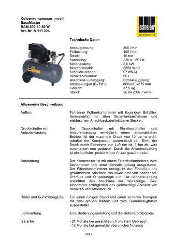 Kolbenkompressor, mobil BaseMaster BAM 300-10-50 W Art.-Nr. A ...