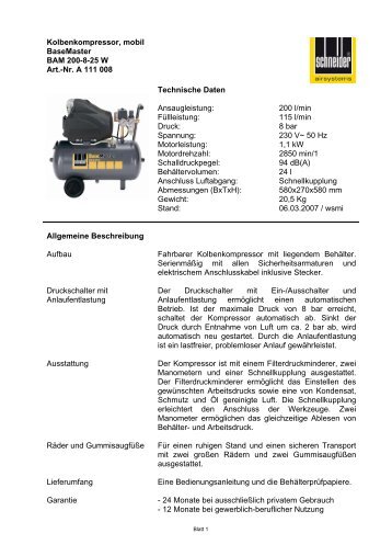 Kolbenkompressor, mobil BaseMaster BAM 200-8-25 W Art.-Nr. A ...