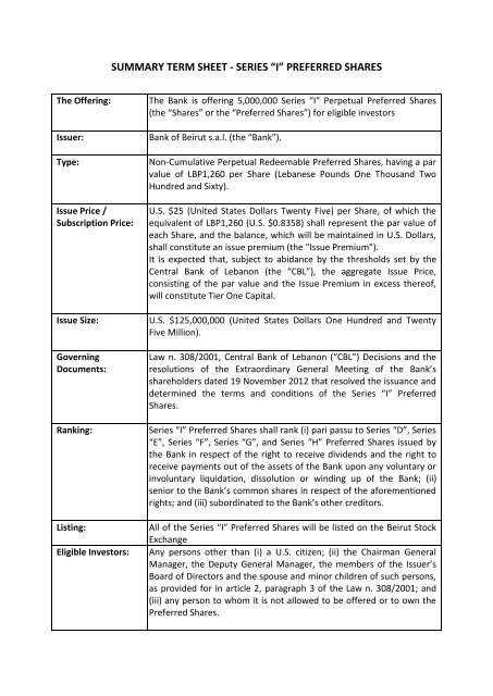 Preferred Shares Bank Of Beirut