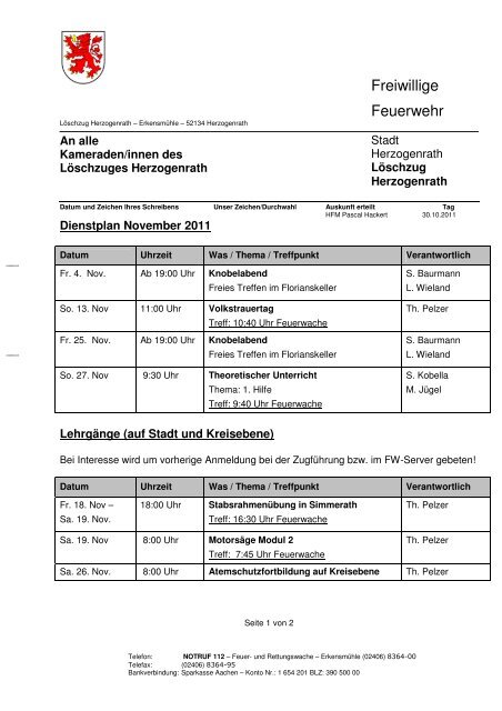 Dienstplan LZHE_11.2001 - Freiwillige Feuerwehr Herzogenrath