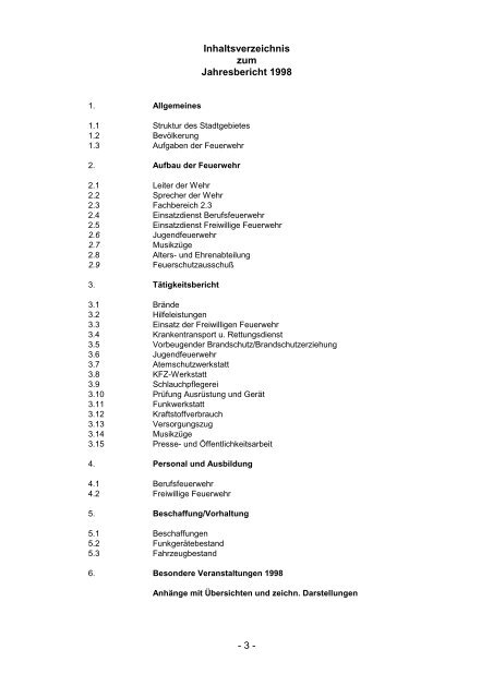 - 3 - Inhaltsverzeichnis zum Jahresbericht 1998 - Feuerwehr Minden ...