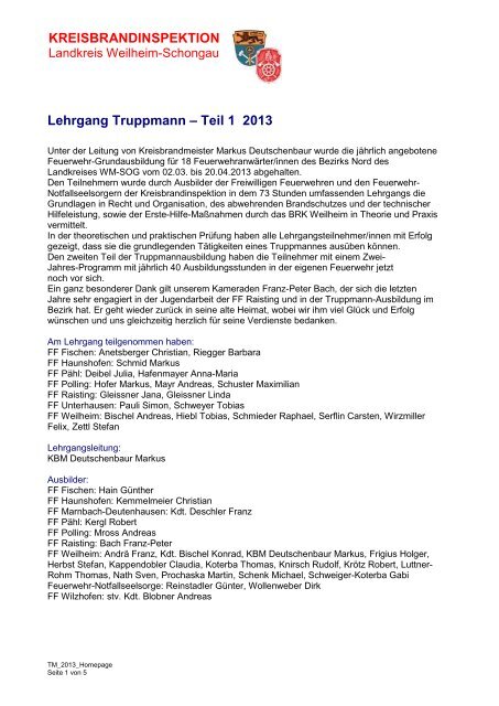 Lehrgang Truppmann - Teil 1 2013 - Freiwillige Feuerwehr Weilheim