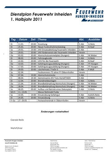 Dienstplan Feuerwehr Inheiden 1. Halbjahr 2011 - Freiwillige ...