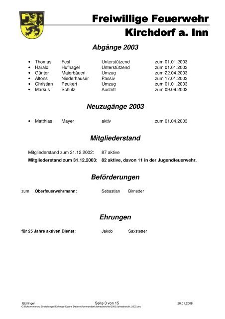 Jahresbericht - 2003 - ebook - Freiwillige Feuerwehr Kirchdorf a.Inn