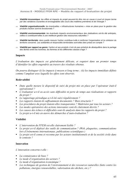 (plan type) de rapport d'évaluation ex - FFEM