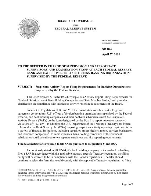 Frb Supervisory Letter Sr 10 8 On Suspicious Activity Report