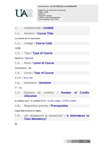 1. ASIGNATURA / COURSE 1.1. Nombre / Course Title 1.2. Código ...