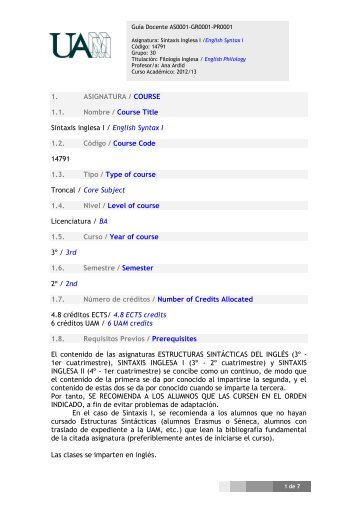 1. ASIGNATURA / COURSE 1.1. Nombre / Course Title Sintaxis ...