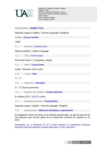 ASIGNATURA / COURSE TITLE Segunda Lengua II (Inglés ...