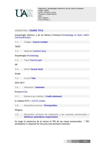 ASIGNATURA / COURSE TITLE Arqueología Islámica y de los ...