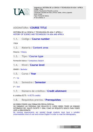 ASIGNATURA / COURSE TITLE 1.1. Código / Course number 1.2 ...