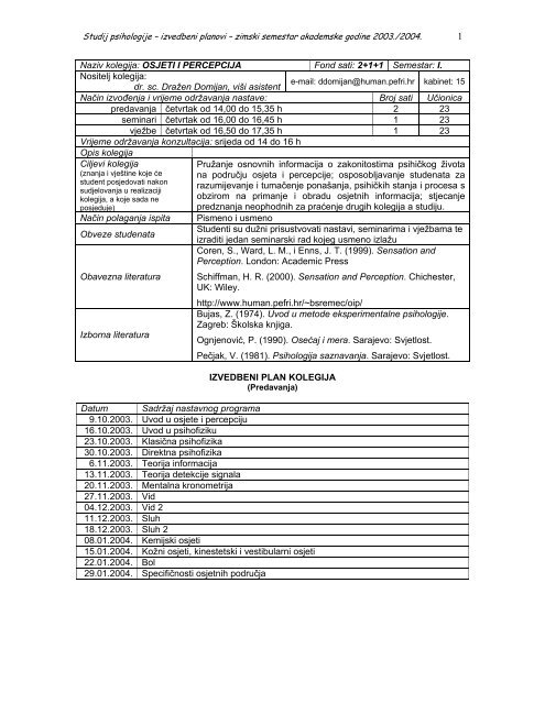 Izvedbeni programI kolegija - Filozofski fakultet u Rijeci