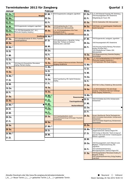 Jahresterminkalender Zangberg 2012 Kalenderblatt Breit